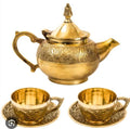 Pure Brass Engraved Teapot with 2 Cups and Saucers – 5-Piece Set