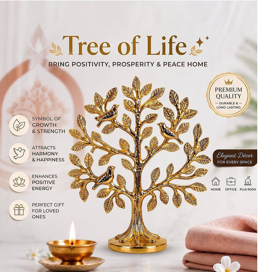 Brass Tree of Life with Birds – Golden Tabletop Showpiece