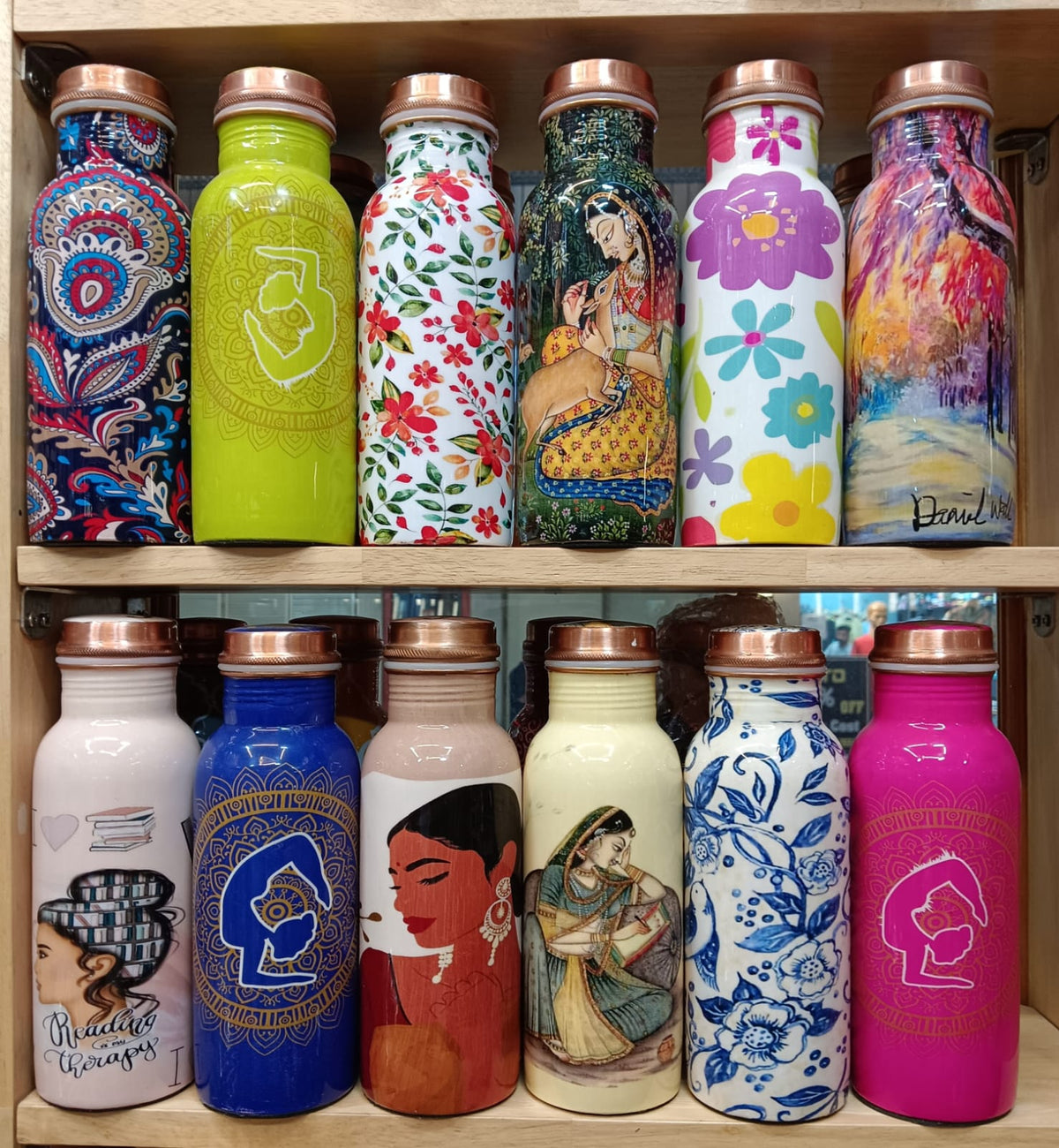Pure Copper Printed Water Bottle – Assorted Design, 1 Litre