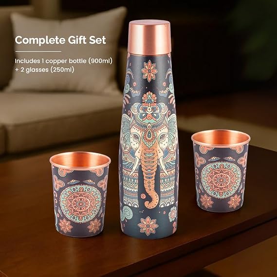 Premium Copper Bottle Gift Set with 2 Glasses