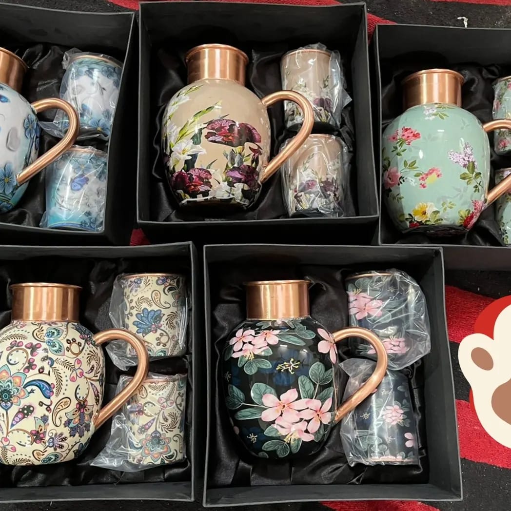Pure Copper Printed Jug with 2 Glasses and Gift Box