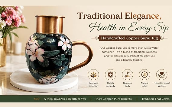 Handcrafted Meenakari Copper Apple Pot Set with 2 Glasses