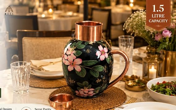 Handcrafted Meenakari Copper Apple Pot Set with 2 Glasses