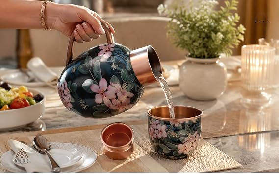Handcrafted Meenakari Copper Apple Pot Set with 2 Glasses