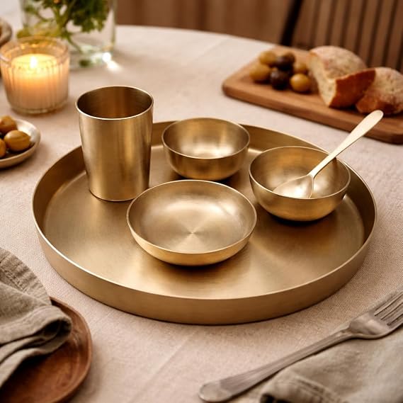 Premium Matte Brass Thali Dining Set – 13 Inch